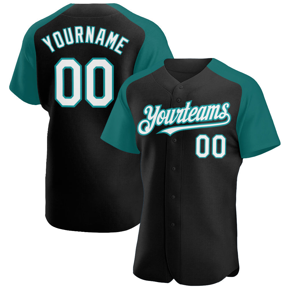 Custom Black White-Teal Authentic Raglan Sleeves Baseball Jersey - Main View