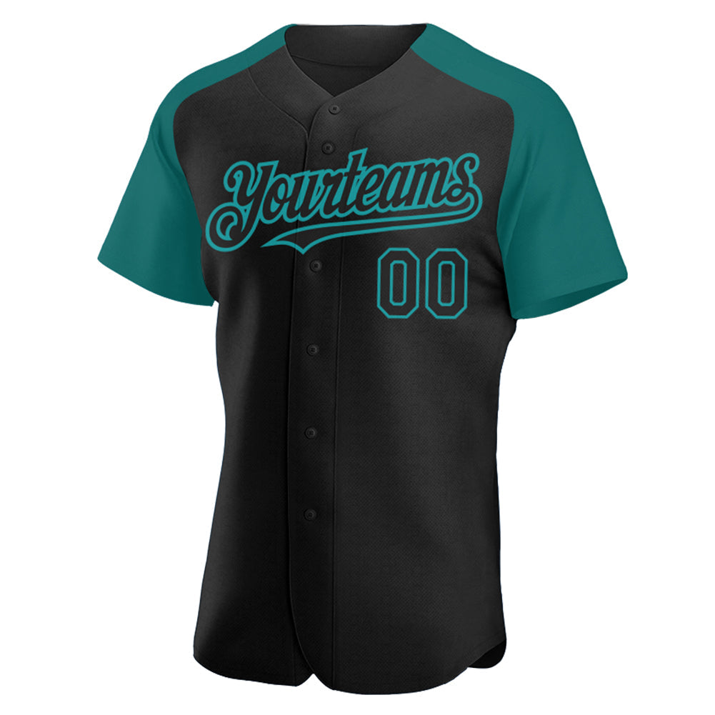 Custom Black Teal Authentic Raglan Sleeves Baseball Jersey view 2