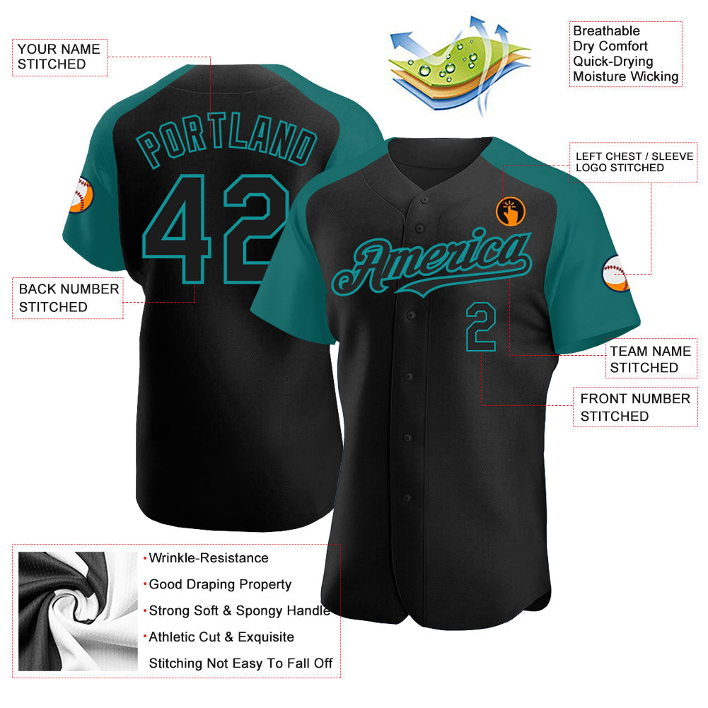 Custom Black Teal Authentic Raglan Sleeves Baseball Jersey view 3