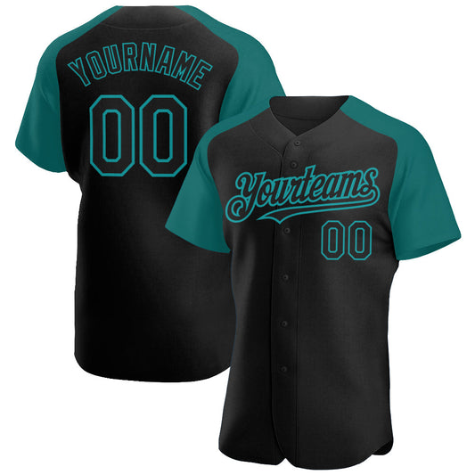 Custom Black Teal Authentic Raglan Sleeves Baseball Jersey - Main View