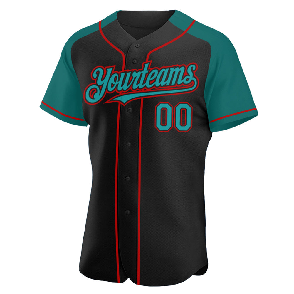 Custom Black Teal-Red Authentic Raglan Sleeves Baseball Jersey view 2