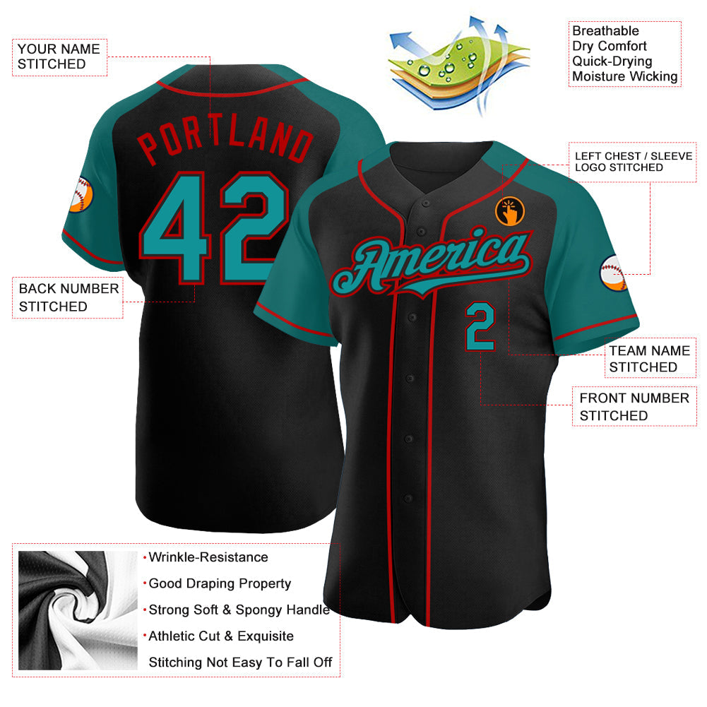 Custom Black Teal-Red Authentic Raglan Sleeves Baseball Jersey view 3
