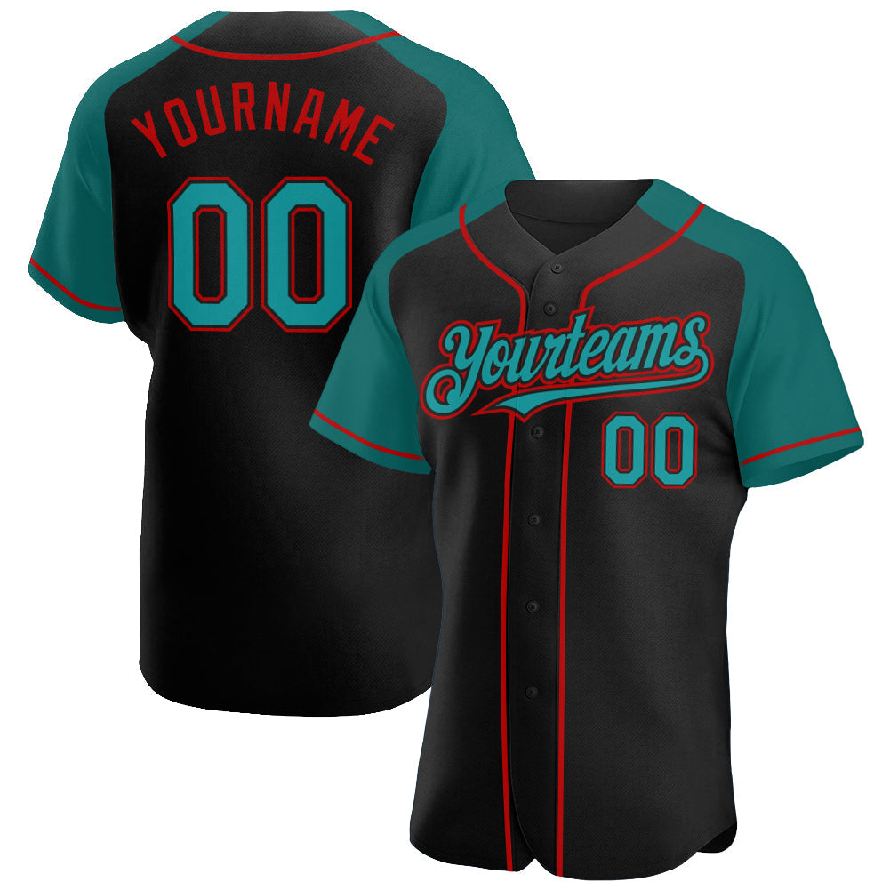 Custom Black Teal-Red Authentic Raglan Sleeves Baseball Jersey - Main View