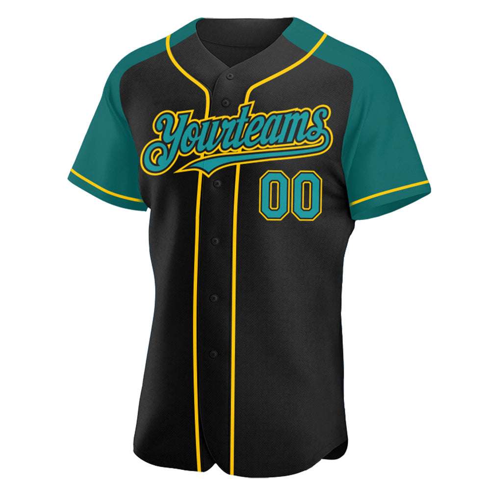 Custom Black Teal-Yellow Authentic Raglan Sleeves Baseball Jersey view 2