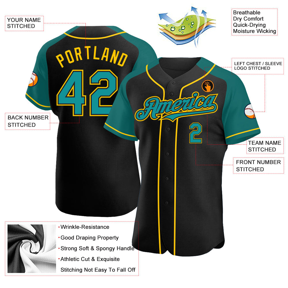 Custom Black Teal-Yellow Authentic Raglan Sleeves Baseball Jersey view 3