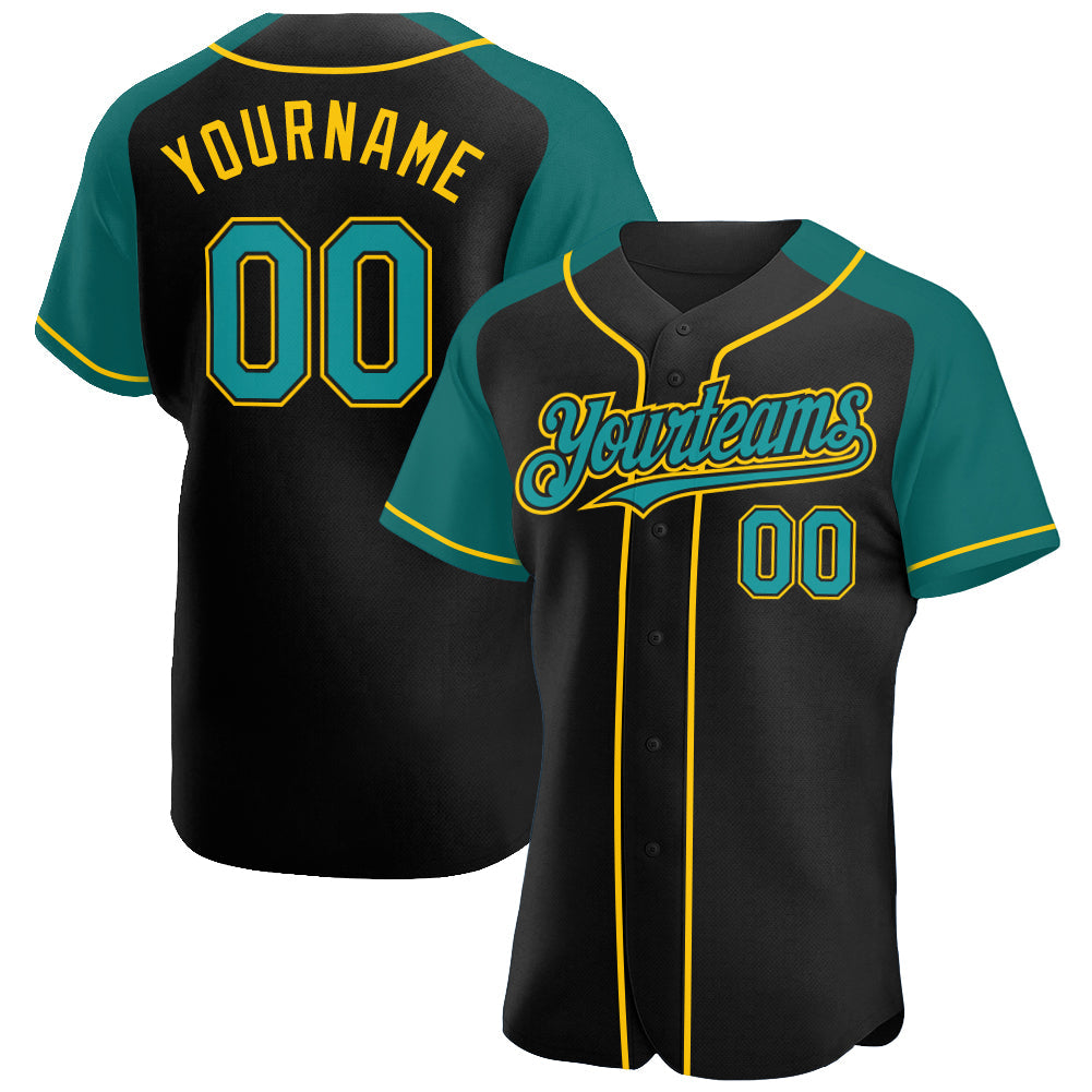 Custom Black Teal-Yellow Authentic Raglan Sleeves Baseball Jersey - Main View