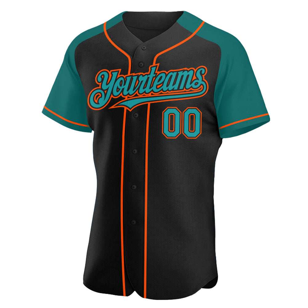 Custom Black Teal-Orange Authentic Raglan Sleeves Baseball Jersey view 2