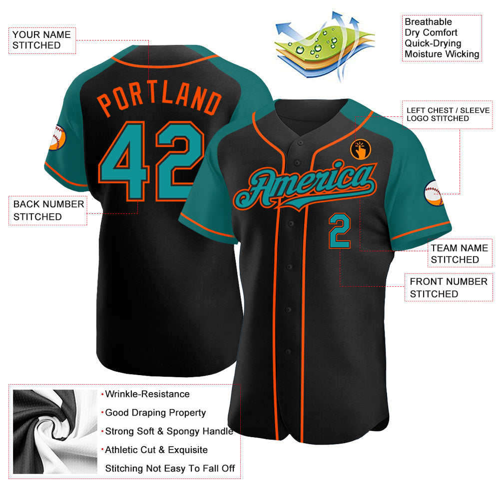 Custom Black Teal-Orange Authentic Raglan Sleeves Baseball Jersey view 3