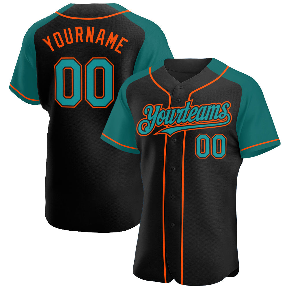 Custom Black Teal-Orange Authentic Raglan Sleeves Baseball Jersey - Main View