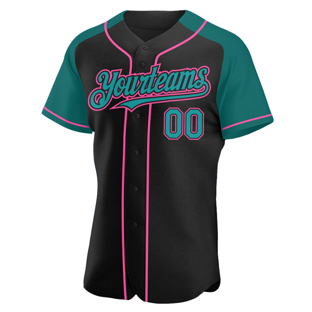 Custom Black Teal-Pink Authentic Raglan Sleeves Baseball Jersey view 2