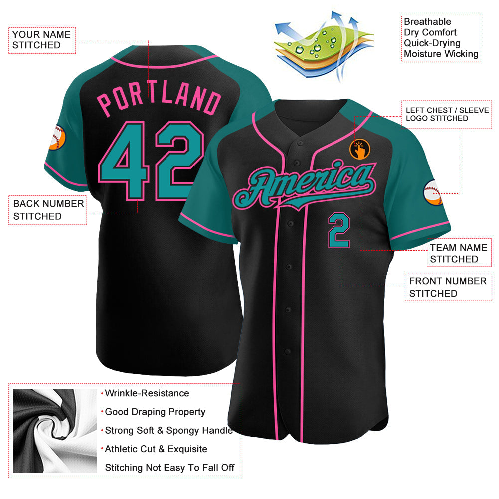 Custom Black Teal-Pink Authentic Raglan Sleeves Baseball Jersey view 3