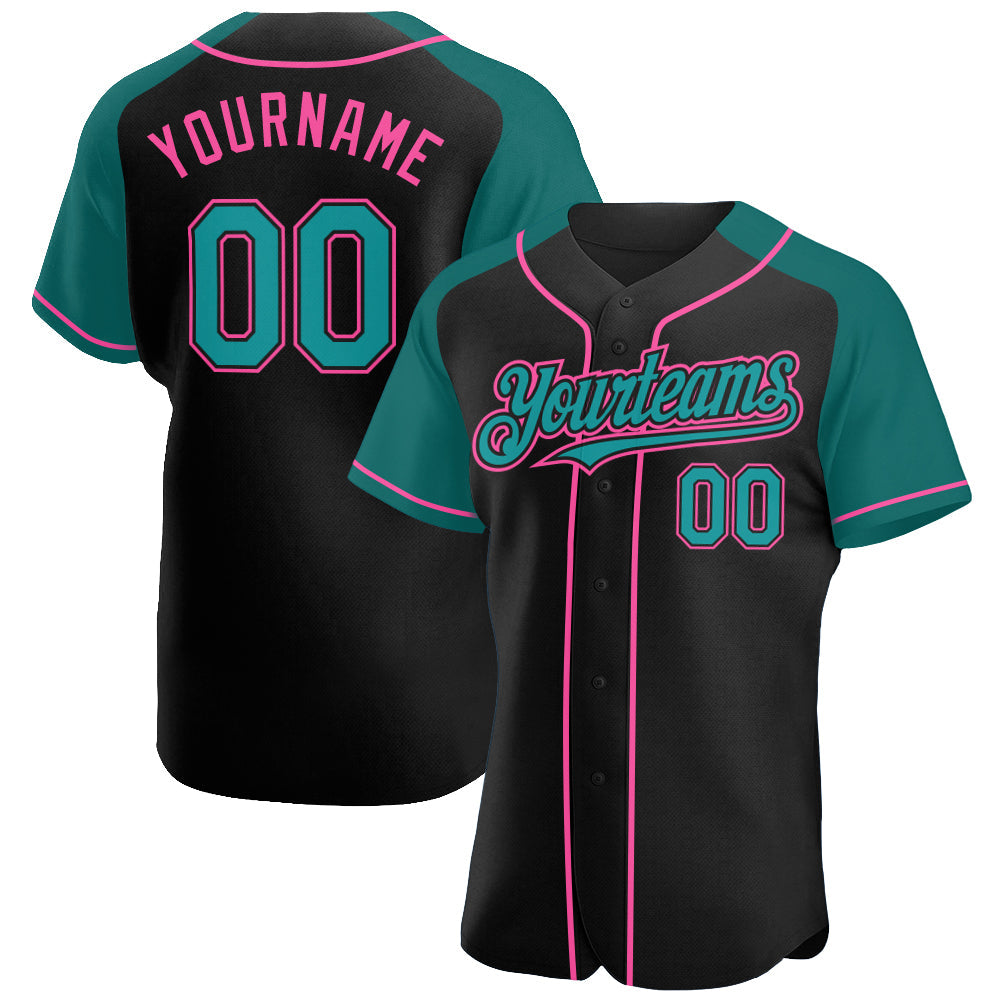 Custom Black Teal-Pink Authentic Raglan Sleeves Baseball Jersey - Main View