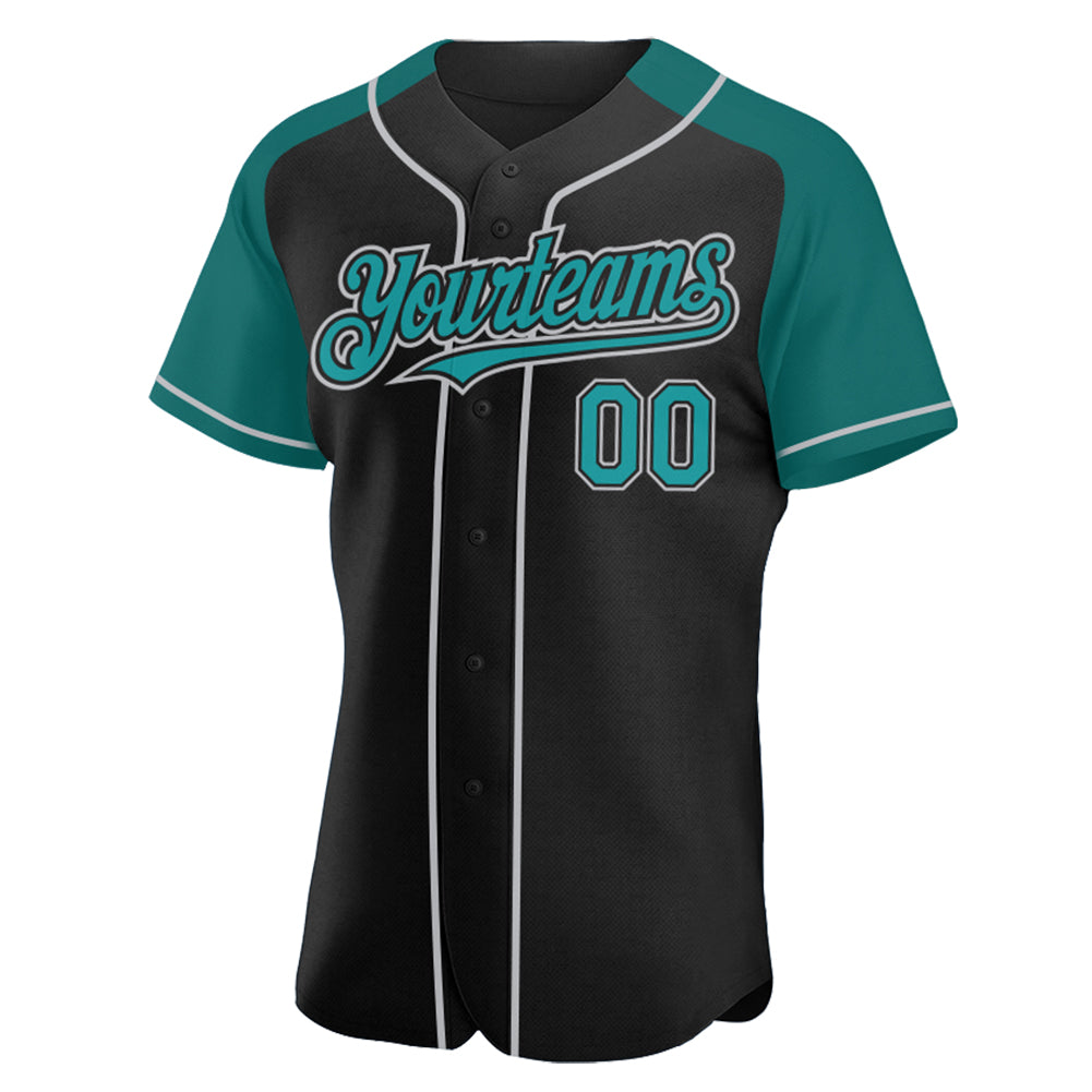 Custom Black Teal-Gray Authentic Raglan Sleeves Baseball Jersey view 2