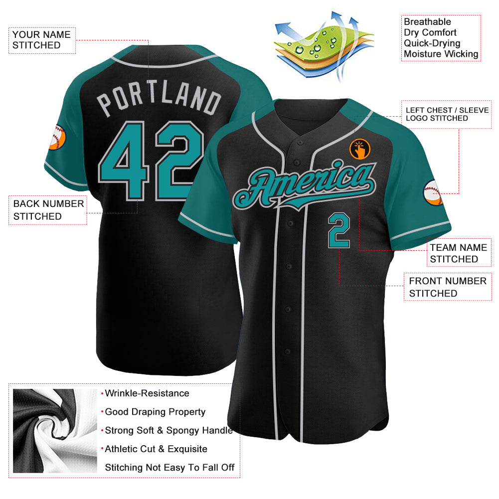 Custom Black Teal-Gray Authentic Raglan Sleeves Baseball Jersey view 3