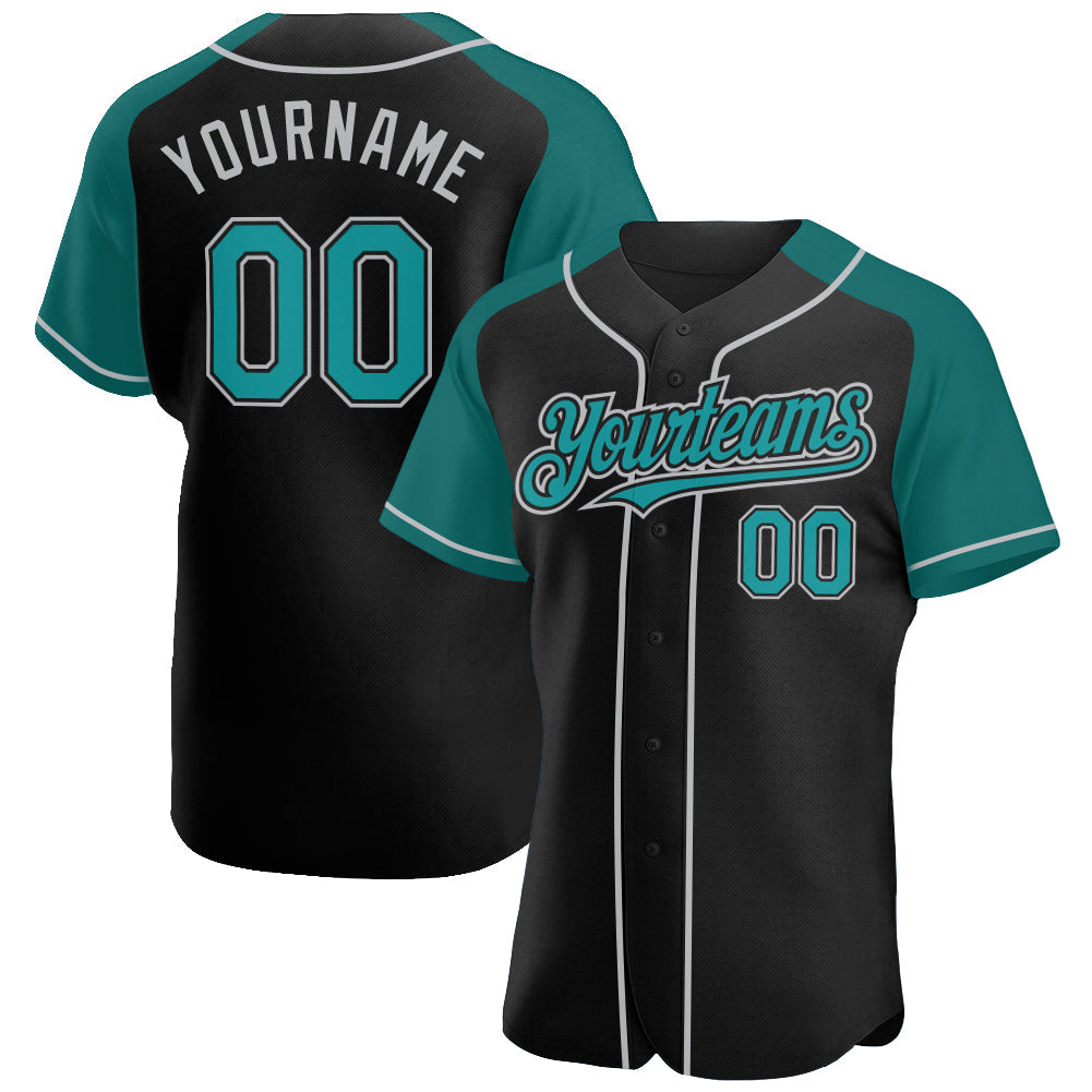 Custom Black Teal-Gray Authentic Raglan Sleeves Baseball Jersey - Main View