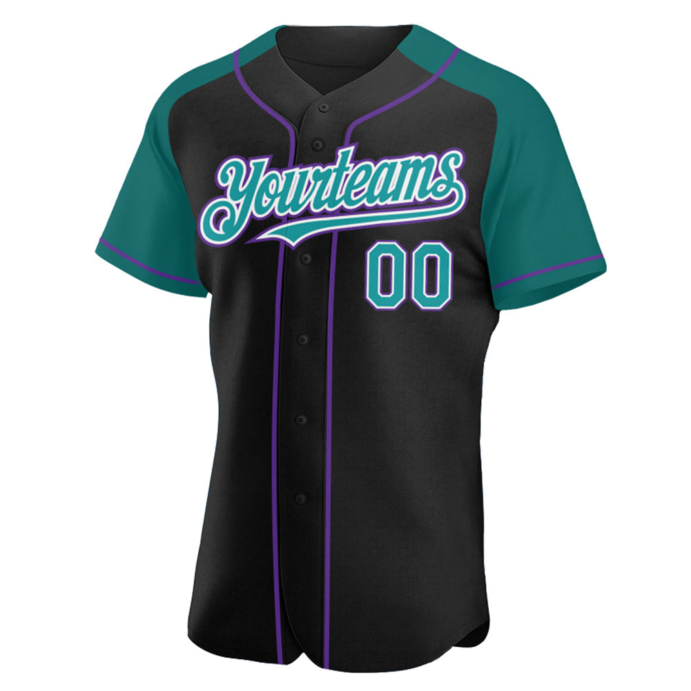 Custom Black Teal-Purple Authentic Raglan Sleeves Baseball Jersey view 3