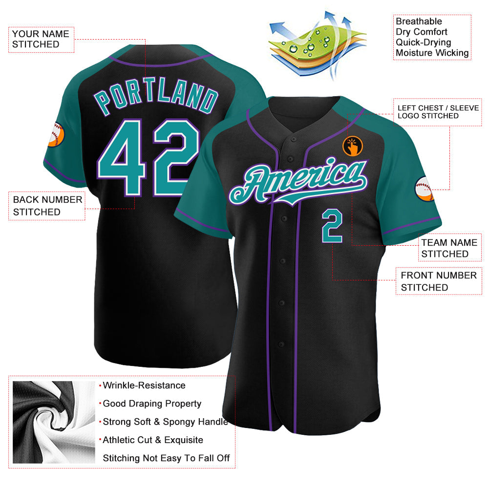 Custom Black Teal-Purple Authentic Raglan Sleeves Baseball Jersey view 4