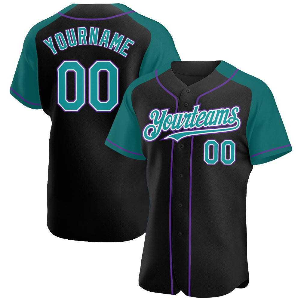 Custom Black Teal-Purple Authentic Raglan Sleeves Baseball Jersey - Main View