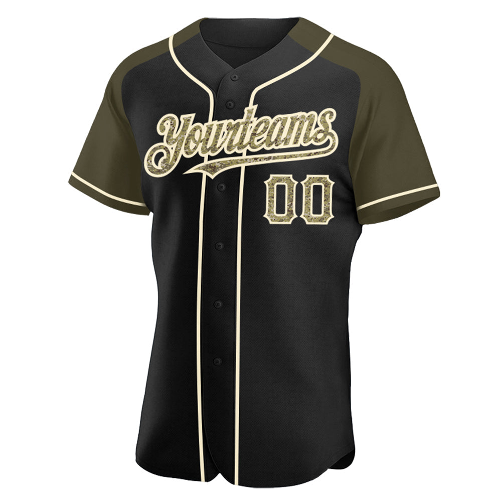 Custom Black Camo Olive-Cream Authentic Raglan Sleeves Baseball Jersey view 2