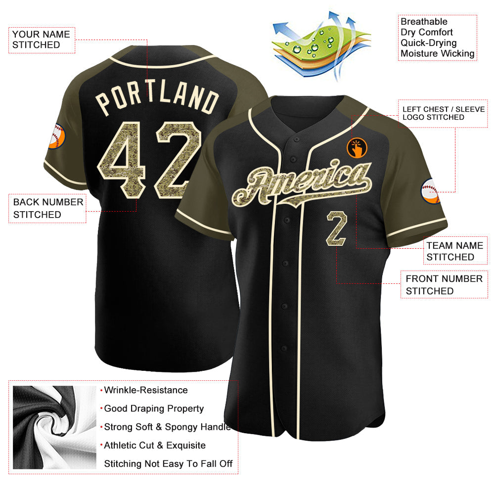 Custom Black Camo Olive-Cream Authentic Raglan Sleeves Baseball Jersey view 3