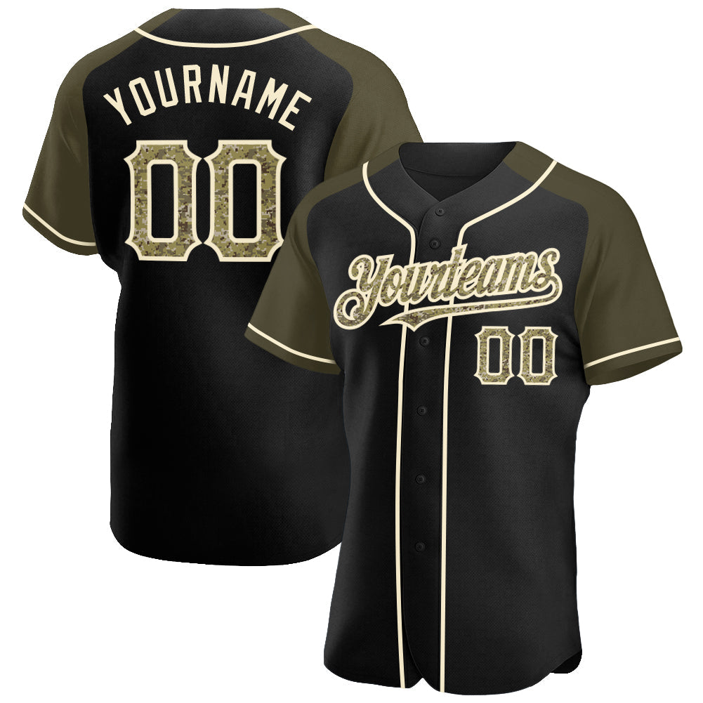 Custom Black Camo Olive-Cream Authentic Raglan Sleeves Baseball Jersey - Main View