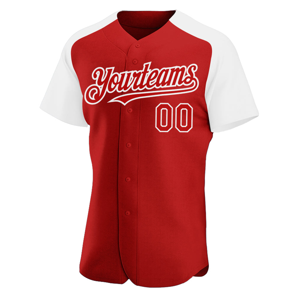 Custom Red White Authentic Raglan Sleeves Baseball Jersey view 2