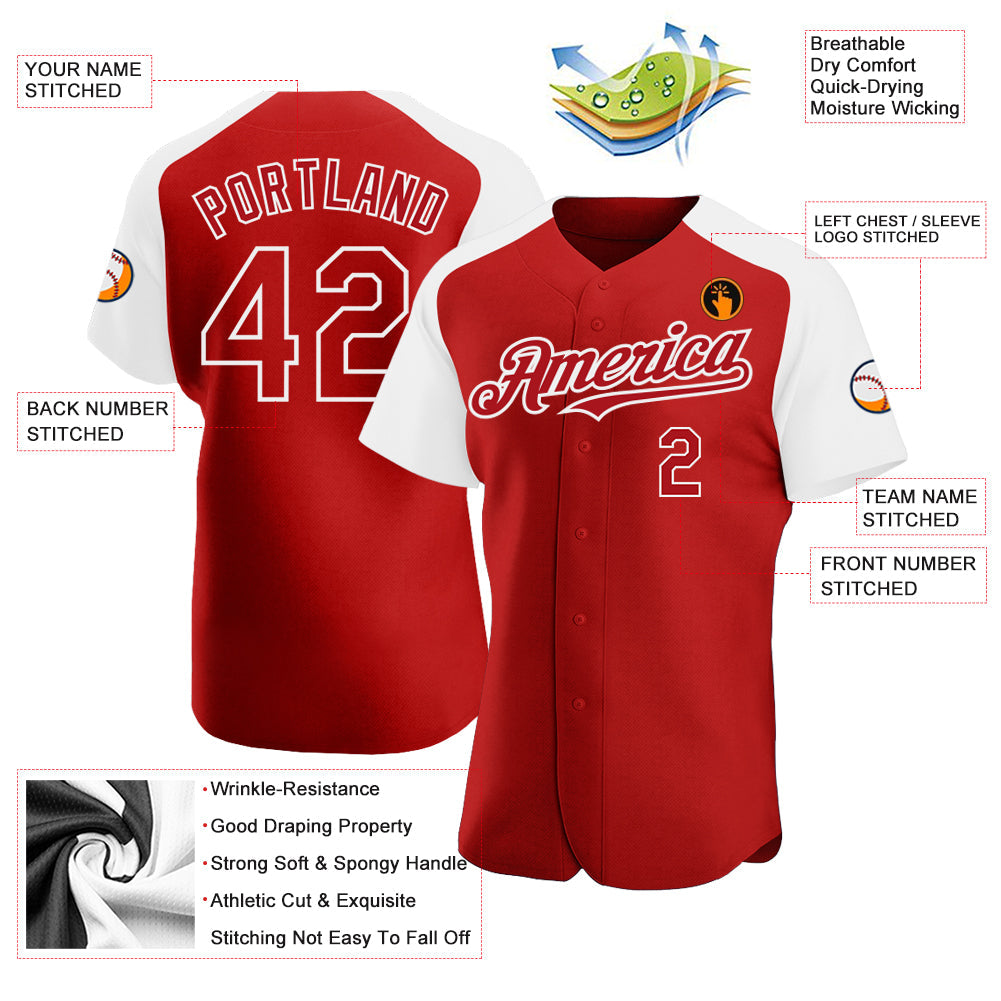 Custom Red White Authentic Raglan Sleeves Baseball Jersey view 3