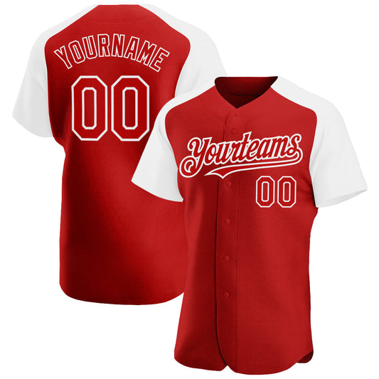 Custom Red White Authentic Raglan Sleeves Baseball Jersey - Main View
