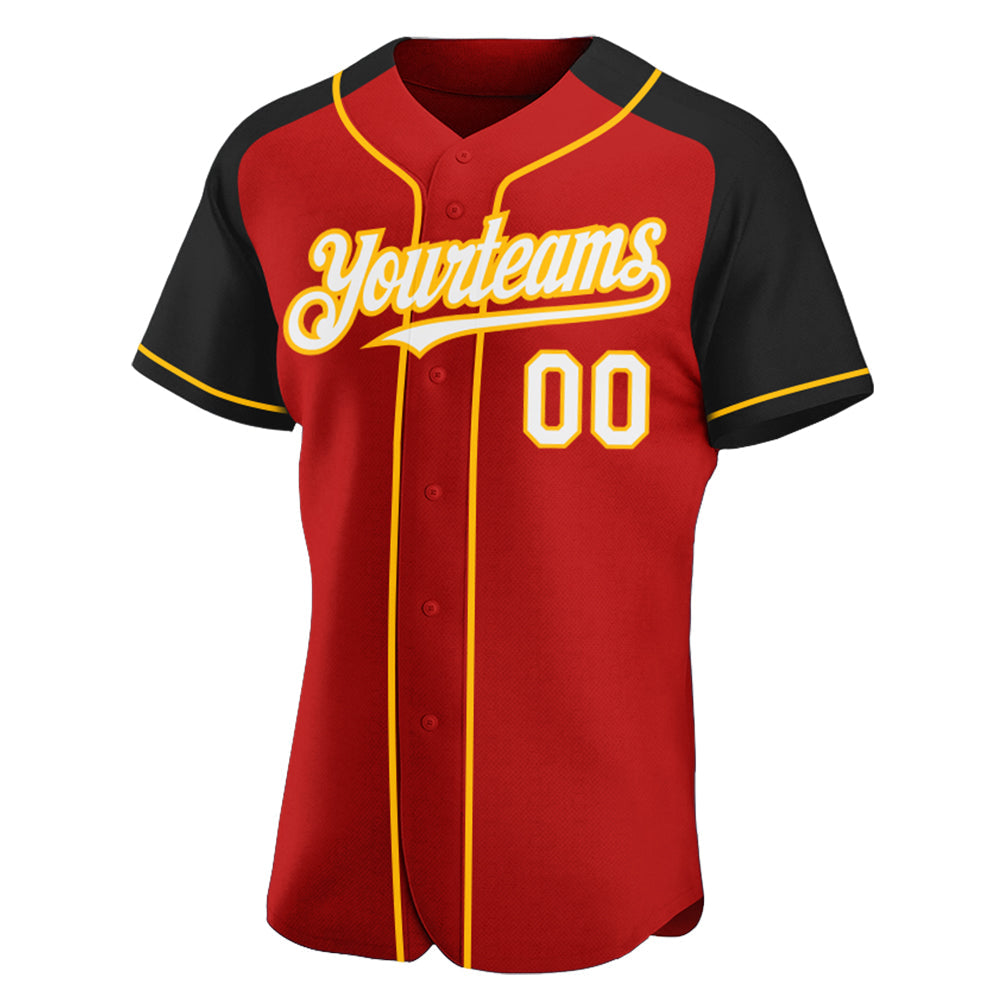Custom Red White Black-Gold Authentic Raglan Sleeves Baseball Jersey view 2