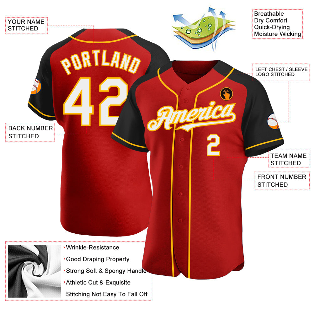 Custom Red White Black-Gold Authentic Raglan Sleeves Baseball Jersey view 3