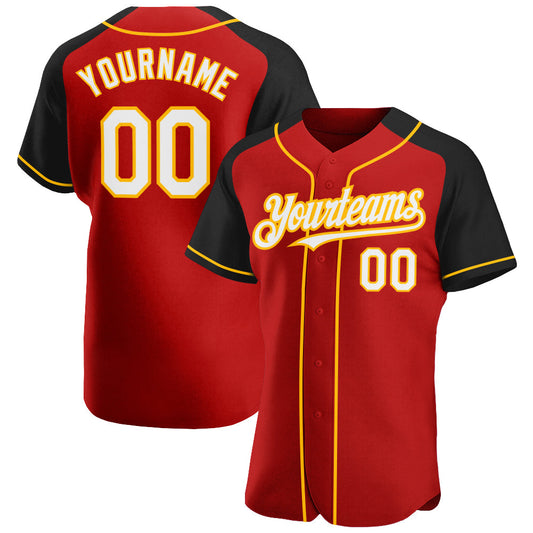 Custom Red White Black-Gold Authentic Raglan Sleeves Baseball Jersey - Main View
