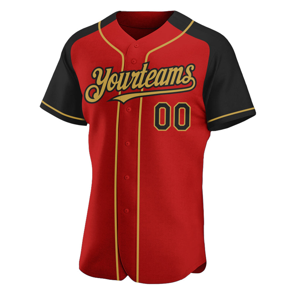 Custom Red Black-Old Gold Authentic Raglan Sleeves Baseball Jersey view 2