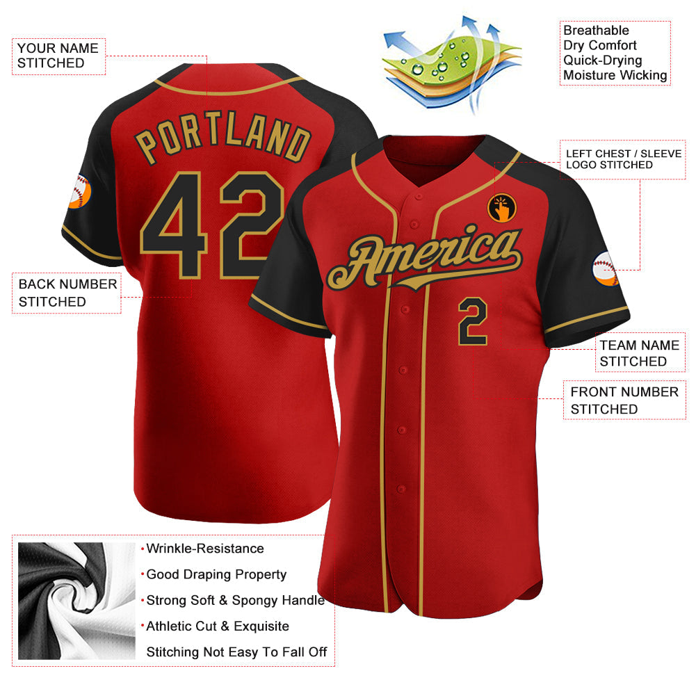 Custom Red Black-Old Gold Authentic Raglan Sleeves Baseball Jersey view 3
