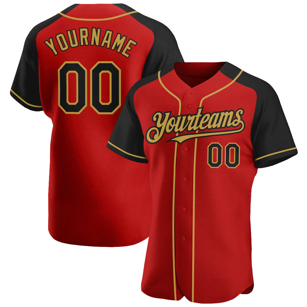 Custom Red Black-Old Gold Authentic Raglan Sleeves Baseball Jersey - Main View