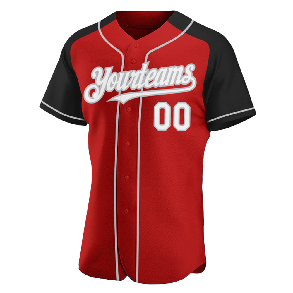 Custom Red White Black-Gray Authentic Raglan Sleeves Baseball Jersey view 2