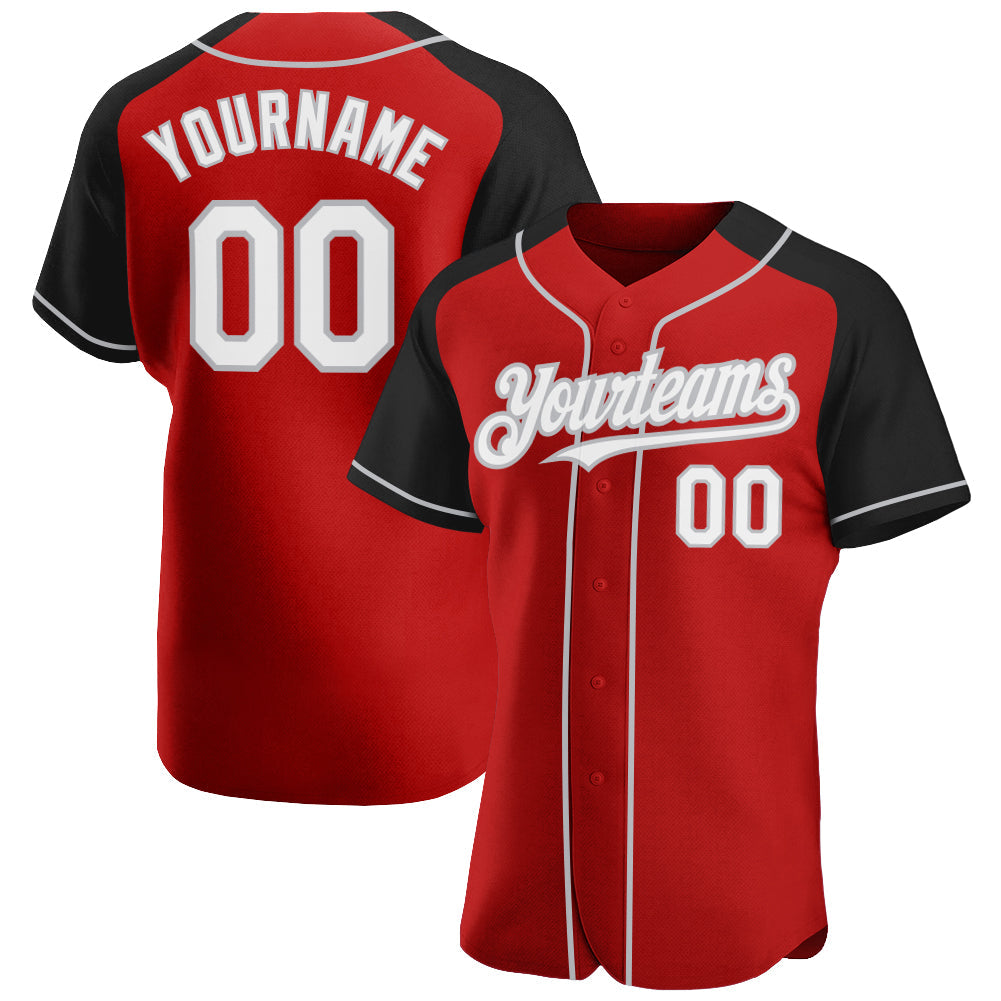 Custom Red White Black-Gray Authentic Raglan Sleeves Baseball Jersey - Main View