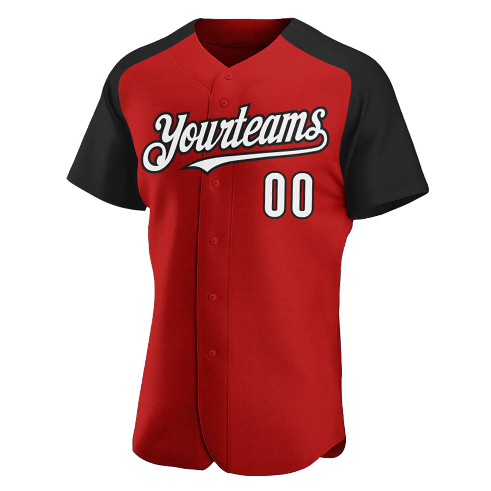 Custom Red White-Black Authentic Raglan Sleeves Baseball Jersey view 2