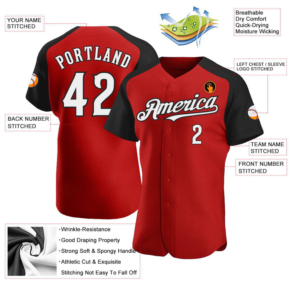 Custom Red White-Black Authentic Raglan Sleeves Baseball Jersey view 3
