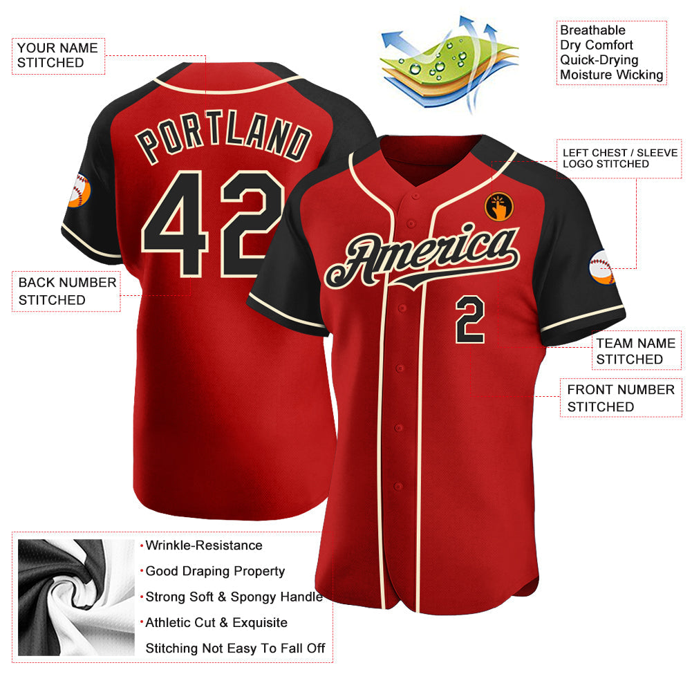 Custom Red Black-Cream Authentic Raglan Sleeves Baseball Jersey view 3