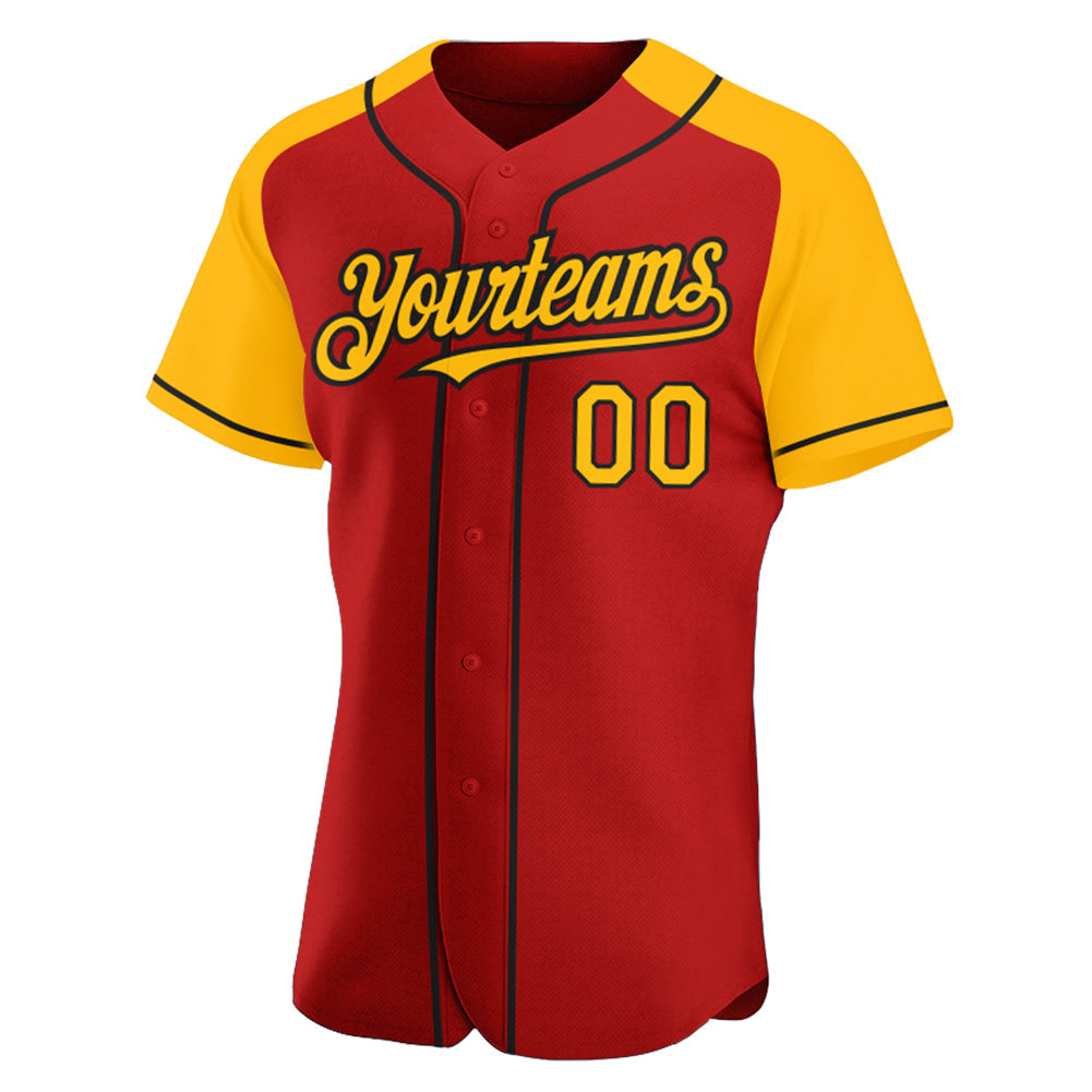 Custom Red Gold-Black Authentic Raglan Sleeves Baseball Jersey view 2