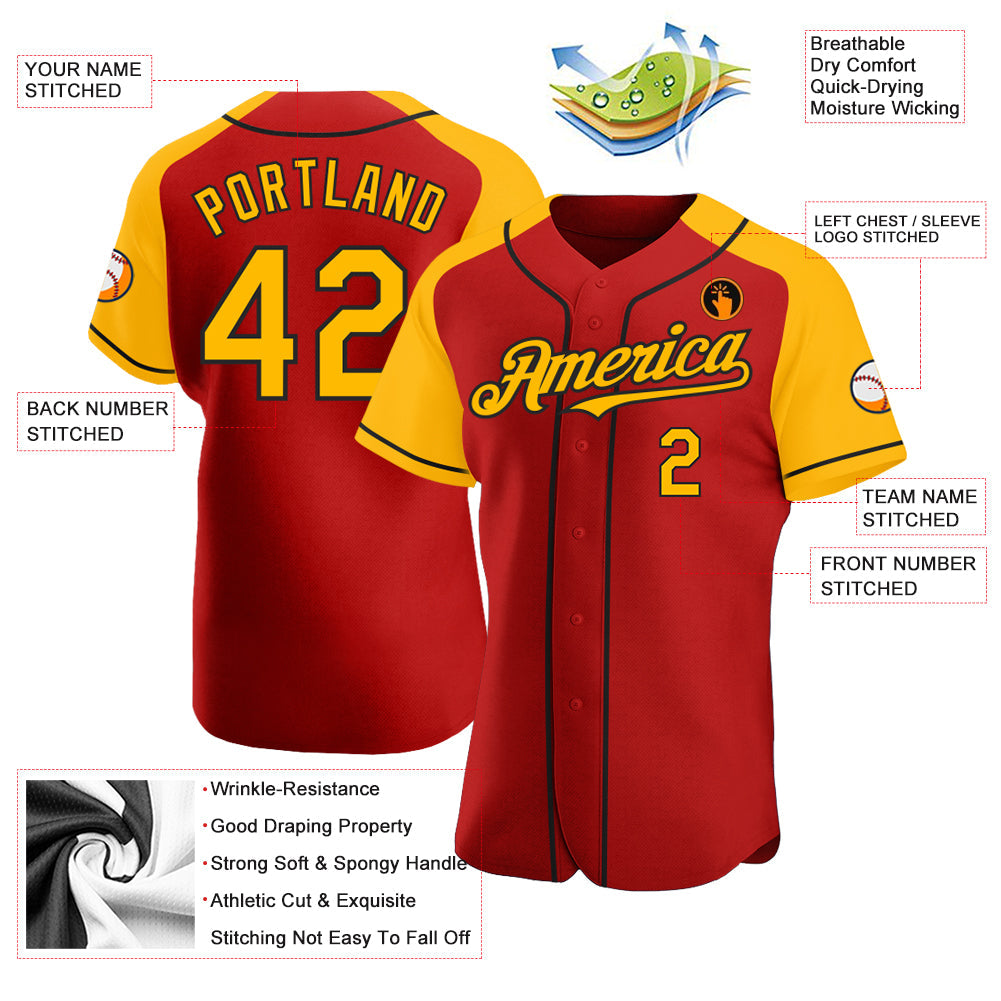 Custom Red Gold-Black Authentic Raglan Sleeves Baseball Jersey view 3