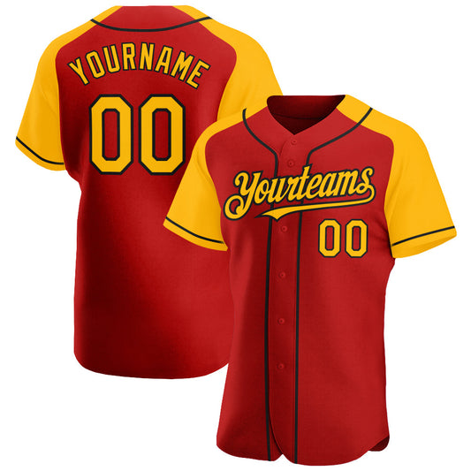 Custom Red Gold-Black Authentic Raglan Sleeves Baseball Jersey - Main View