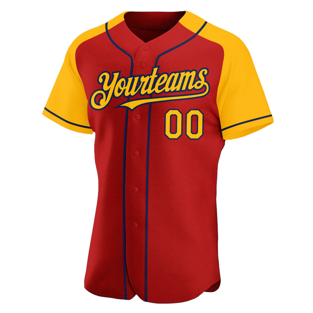 Custom Red Gold-Navy Authentic Raglan Sleeves Baseball Jersey view 2