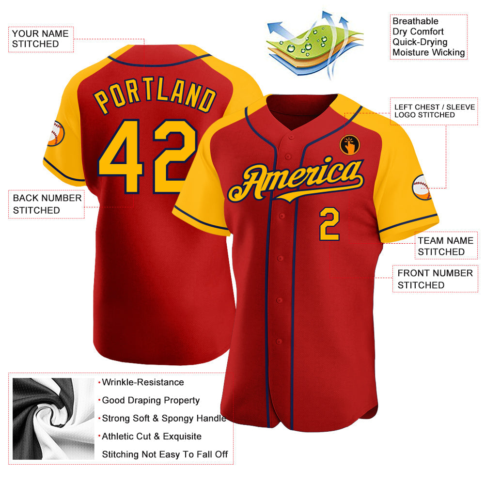 Custom Red Gold-Navy Authentic Raglan Sleeves Baseball Jersey view 3