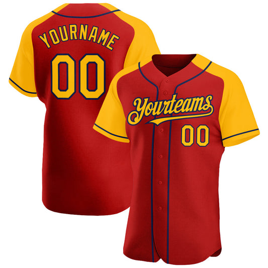 Custom Red Gold-Navy Authentic Raglan Sleeves Baseball Jersey - Main View