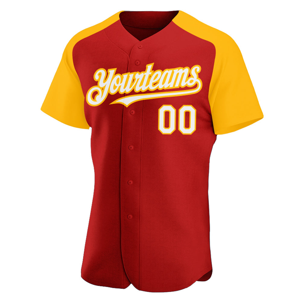 Custom Red White-Gold Authentic Raglan Sleeves Baseball Jersey view 2