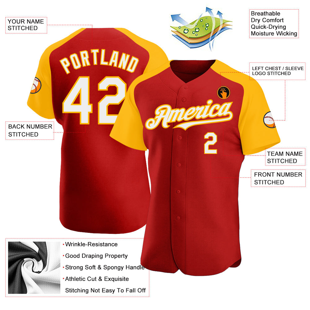 Custom Red White-Gold Authentic Raglan Sleeves Baseball Jersey view 3