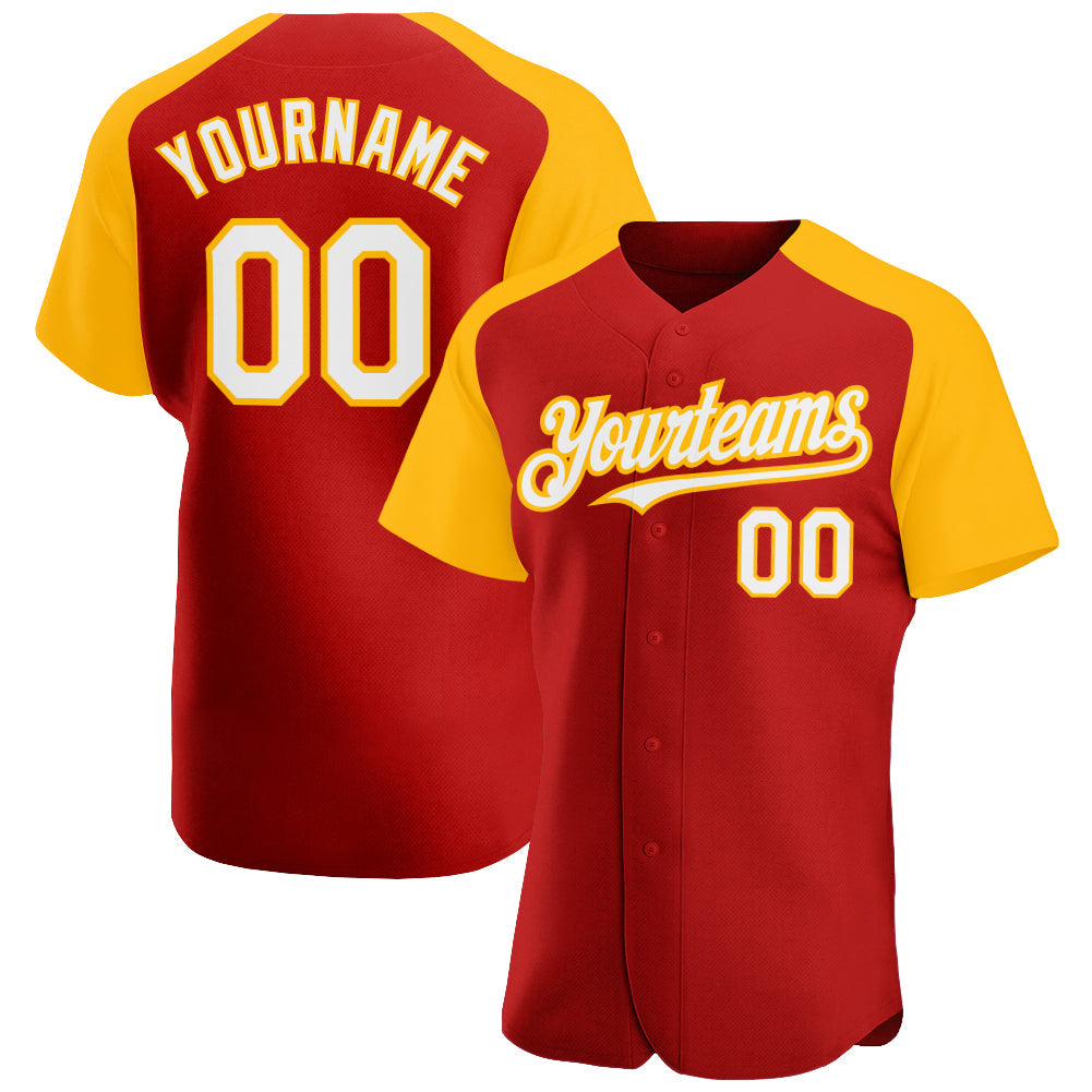 Custom Red White-Gold Authentic Raglan Sleeves Baseball Jersey - Main View