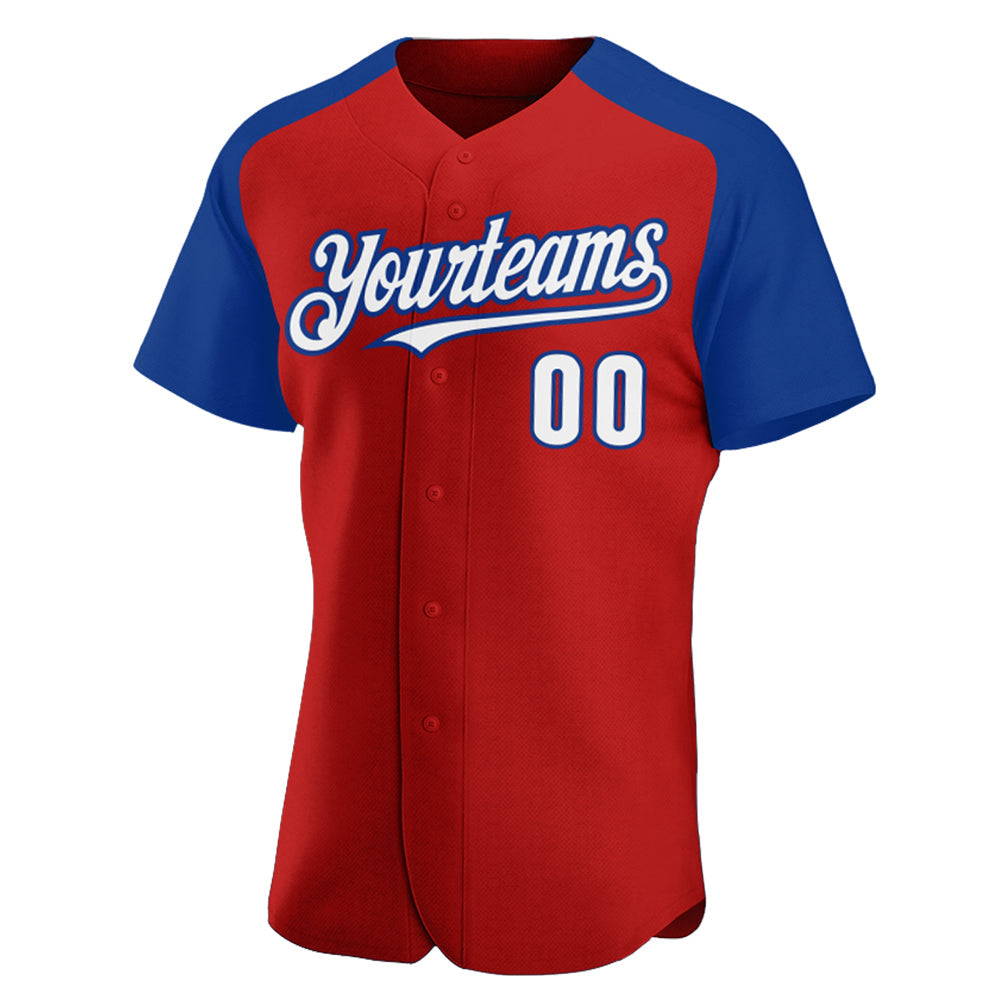 Custom Red White-Royal Authentic Raglan Sleeves Baseball Jersey view 2