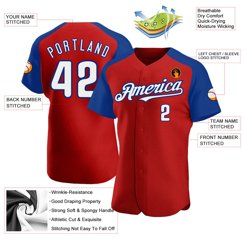 Custom Red White-Royal Authentic Raglan Sleeves Baseball Jersey view 3